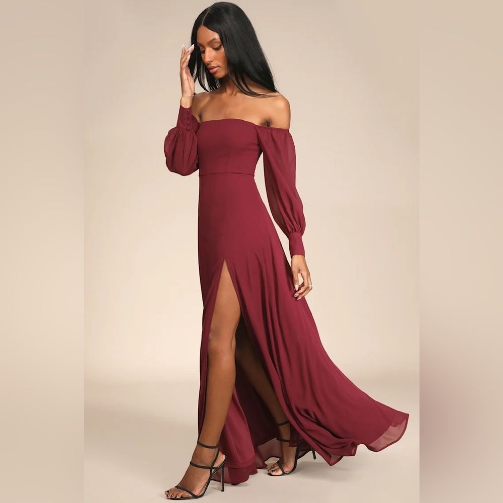 Lulus Feel the Romance Burgundy Off-the-Shoulder Maxi Dress